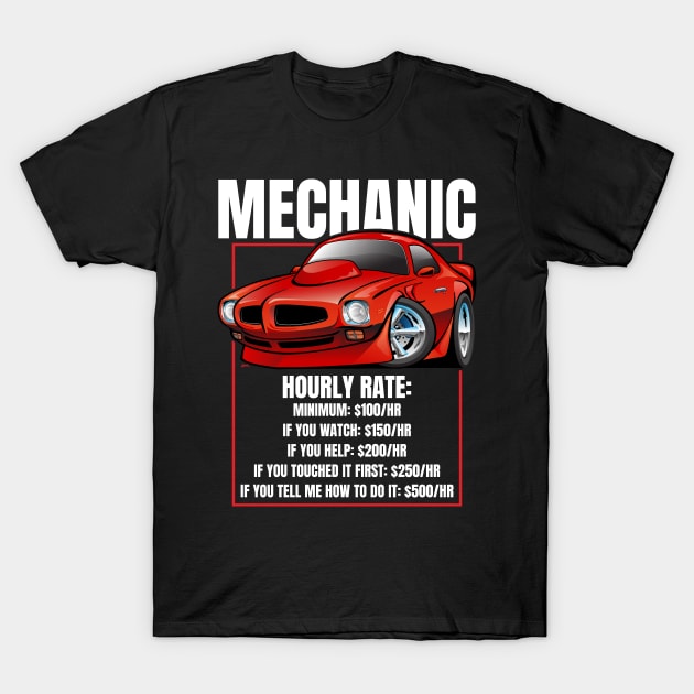 Funny Mechanic Hourly Rate Humor Classic Muscle Car Cartoon T-Shirt by hobrath